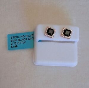 Rose Gold Over 925 Black Onyx & AAA CZ's Earrings